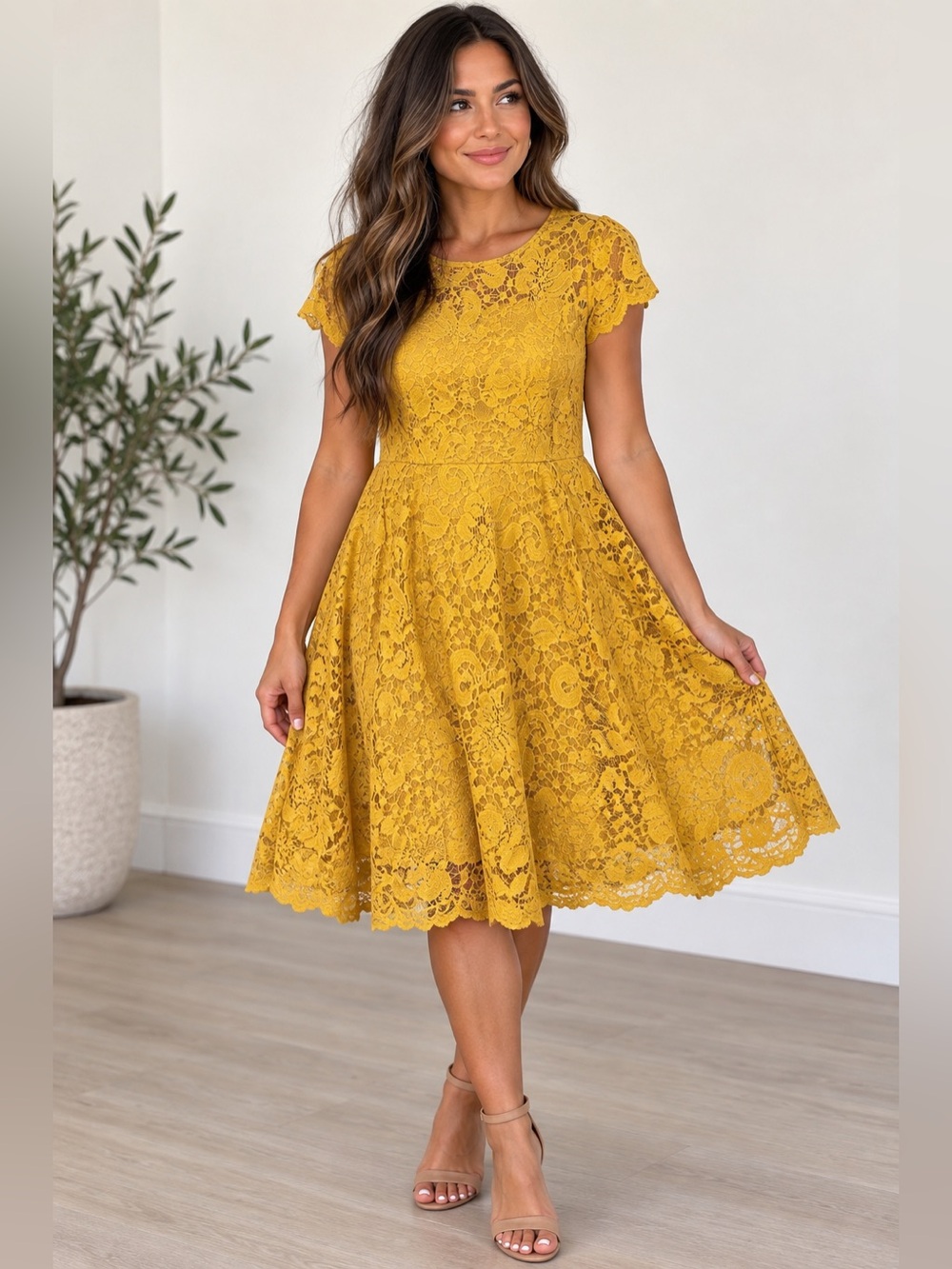 Kensie Mustard Yellow Floral Lace Fit & Flare Dress Size 14